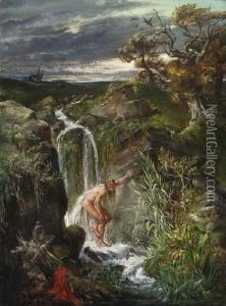Am Wasserfall. Oil Painting - Karl Heinrich Schultze