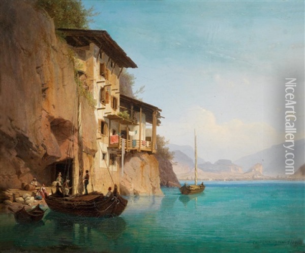 Die Osteria Von Ponale Am Gardasee Oil Painting - Carl Friedrich Heinzmann