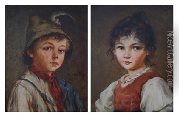 Portrait Of A Young Girl, Portrait Of A Young Boy (2 Works) Oil Painting - Georg Roessler
