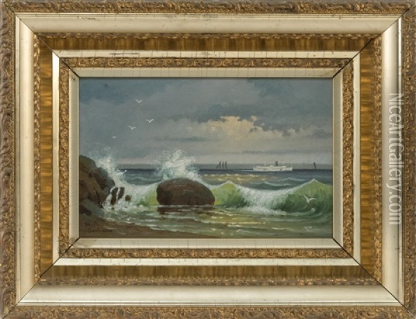 A Steamer Off A Rocky Coast Oil Painting - Percy A. Sanborn