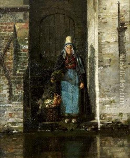 Waiting For The Market Boat, Bruges Oil Painting - Ellen Conolly