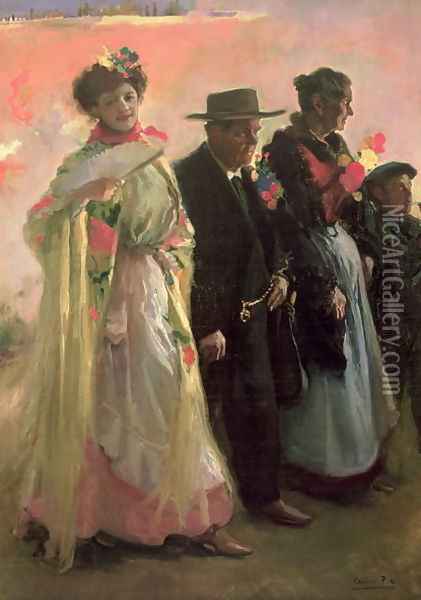 Villagers attending the celebrations of the patron of Madrid Oil Painting - Cecillio Pla Y Gallardo