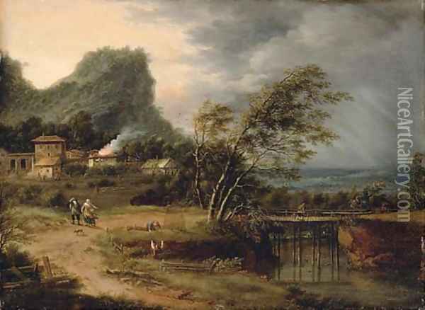 A river landscape with figures by a bridge and a house struck by lightening beyond Oil Painting - Johann Christian Vollerdt or Vollaert