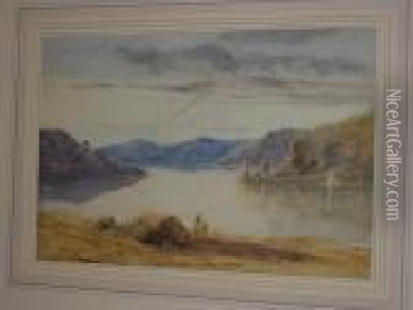 Lake Landscape With Fishermen At Thelakeside Oil Painting - James Baker Pyne