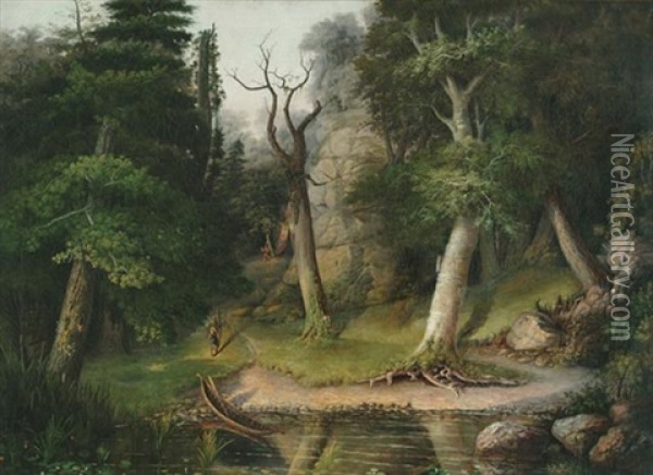 Indians In A Wooded Landscape Oil Painting - Hiram Dwight Torrey