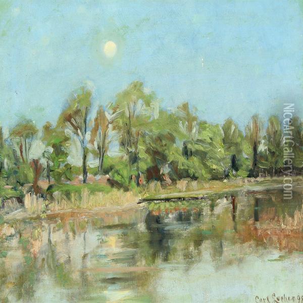 Moonlight Scene By A Forest Lake Oil Painting - Carl Locher