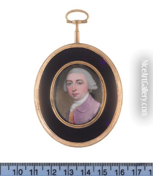 A Gentleman, Wearing Mauve Coat, Pink Waistcoat With Gold Brocade, White Cravat And Stock, His Powdered Wig, Worn En Queue And Tied With A Bow Oil Painting - Henry Spicer