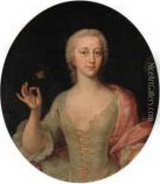 Portrait Of A Lady, Half-length Wearing A White Dress And A Pinkwrap Holding A Flower Oil Painting - Ircle Of Martin Van Mytens