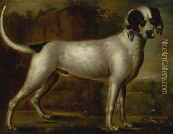 Portrait Of A Hound, Possibly A Talbot, Standing In A Landscape Oil Painting - John Wootton