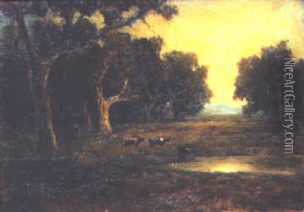 Cattle In A Wooded Pasture Oil Painting - James Martin Griffin