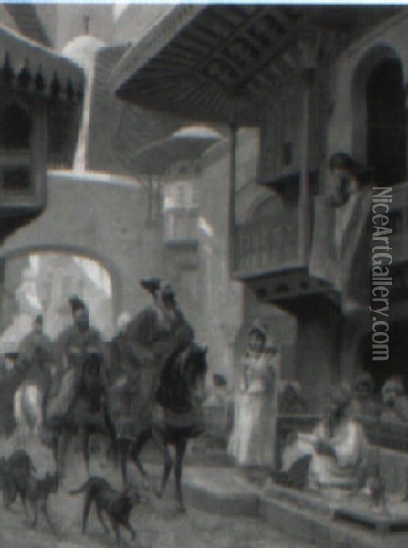 An Arab Procession Through A Village Street Oil Painting - Paul-Marie Lenoir