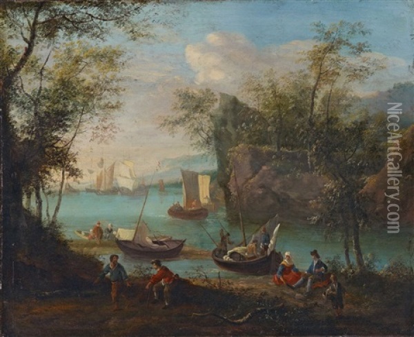 Bewaldete Flusslandschaft Mit Segelschiffen Und Fischern Oil Painting - Robert Griffier