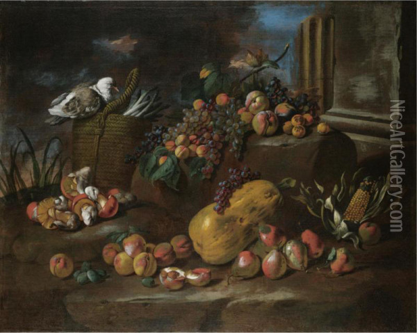 Still Life Of Peaches, Pears, Grapes, A Watermelon, Mushrooms, An Ear Of Corn And A Pigeon Resting On A Basket Of Asparagus, All Arranged In A Landscape Oil Painting - Giacomo Fardella