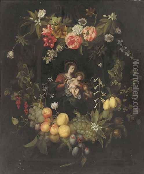 The Virgin and Child surrounded by a cartouche of flowers and fruit Oil Painting - Frans Ykens