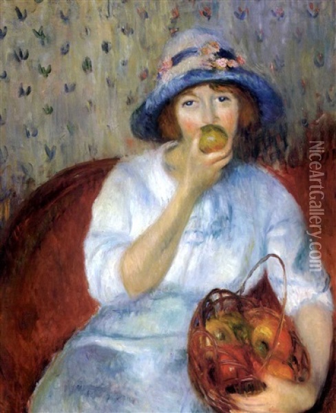 Girl With Green Apple Oil Painting - William Glackens