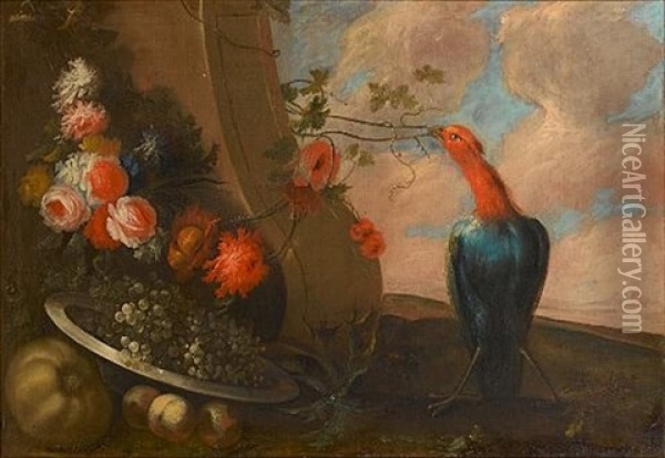A Peahen Beside A Stone Column With A Basket Of Grapes, Peaches And Pomegranates With Pears And Other Fruit In A Landscape (+ A Pewter Dish Of Grapes With Roses, Chrysanthemums And Other Flowers Befor Oil Painting - Michele Antonio Rapous