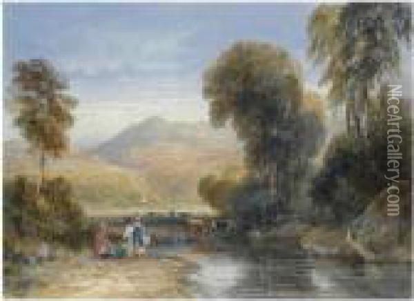 Women By A Stream With Cattle And Hills In The Distance, Herefordshire Oil Painting - David I Cox