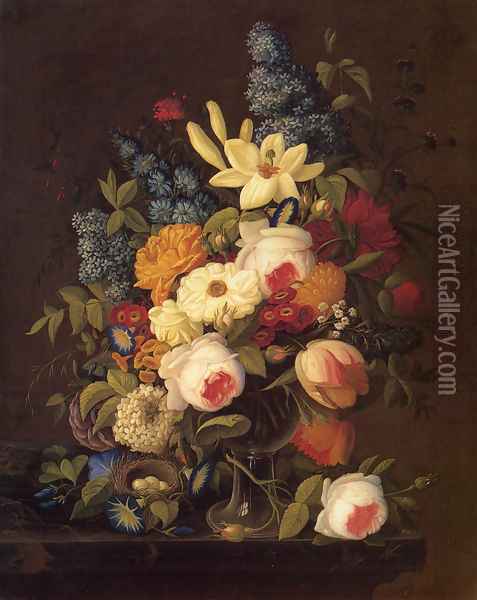 Floral Still Life with Nest of Eggs Oil Painting - Severin Roesen