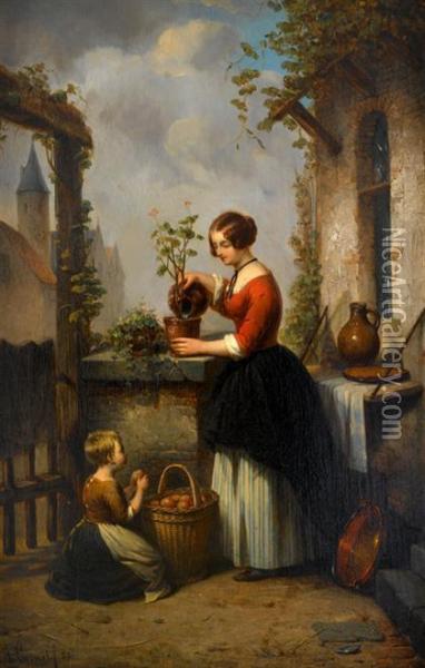 Watering The Plants Oil Painting - Alphonse Cornet