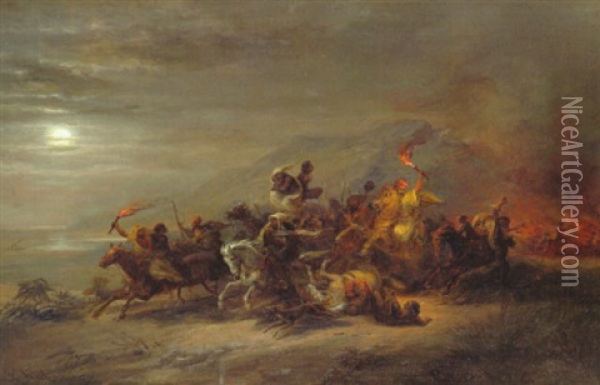 Nachtlicher Uberfall Der Beduinen Oil Painting - Johann Hermann Kretzschmer