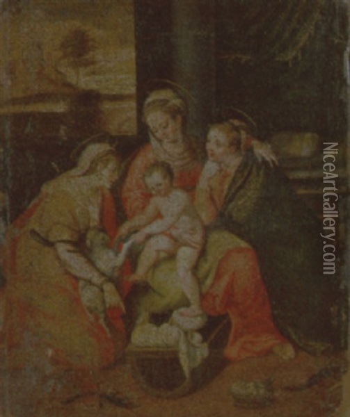 Madonna Con Bambino, Sant'agnese E Un'altra Santa Oil Painting - Denys Calvaert