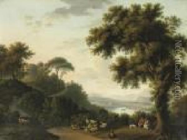 A Wooded River Landscape With Shepherds Making Music Oil Painting - Josef Rebell
