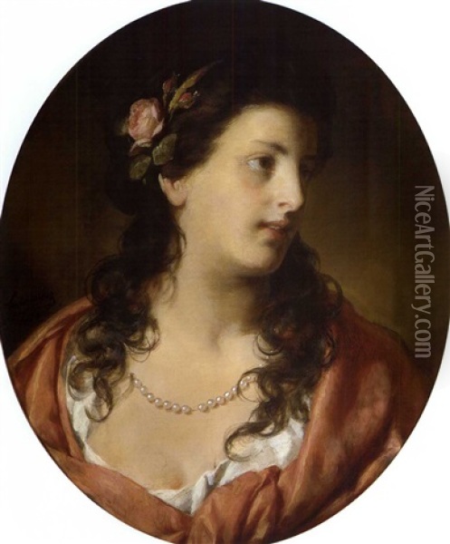Junge Dame Mit Perlenkette Und Rosen Im Haar Oil Painting - Friedrich von Amerling