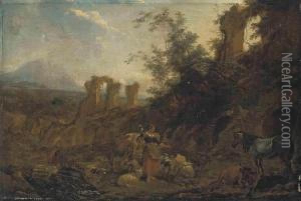 A Mountainous Landscape With A 
Shepherdess With Her Flock And Atraveller With His Horse By Classical 
Ruins Oil Painting - Nicolaes Berchem