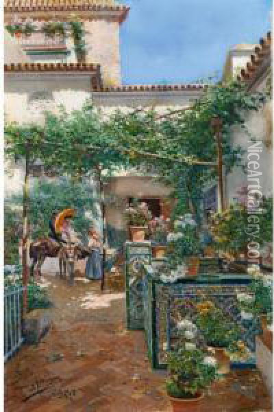 Patio Sevillano (a Courtyard In Seville) Oil Painting - Manuel Garcia y Rodriguez