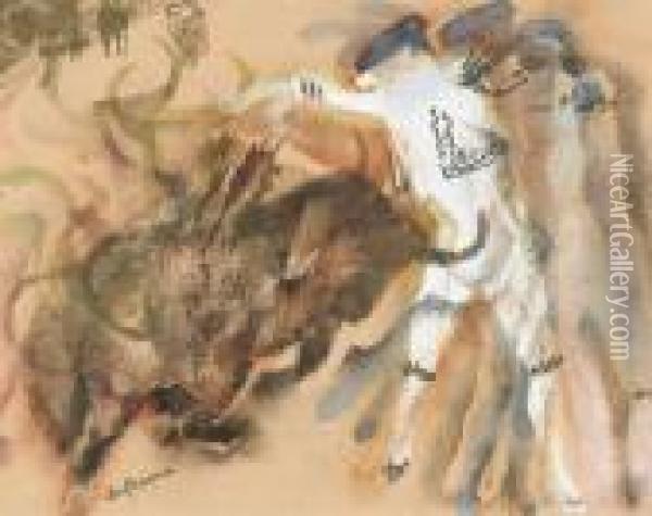 Torrero Mit Stier In Der Arena Oil Painting - Charles Georges Dufresne