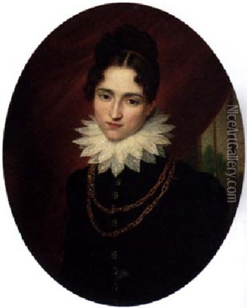 Portrait Of Comtesse De Valence In A Dark Blue Dress And A Lace Collar Oil Painting - Francois van Dorne