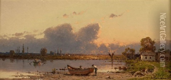 Barque Au Bord D'un Etang Oil Painting - Alexander Swieszewski