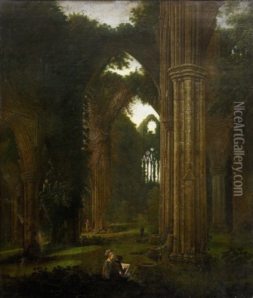 Landscape With Church Ruins Oil Painting - Samuel Colman