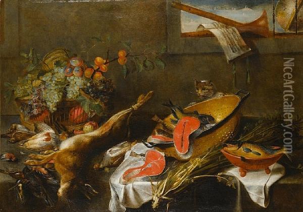 A Still Life Of A Cat Beside An 
Upturnedcolander Of Salmon With Other Fish, Dead Game And An Basket 
Offruit On A Wooden Table, Beneath A Window Ledge With A Pair 
Ofrecorders, A Globe And A Musical Manuscript Oil Painting - Frans Snyders
