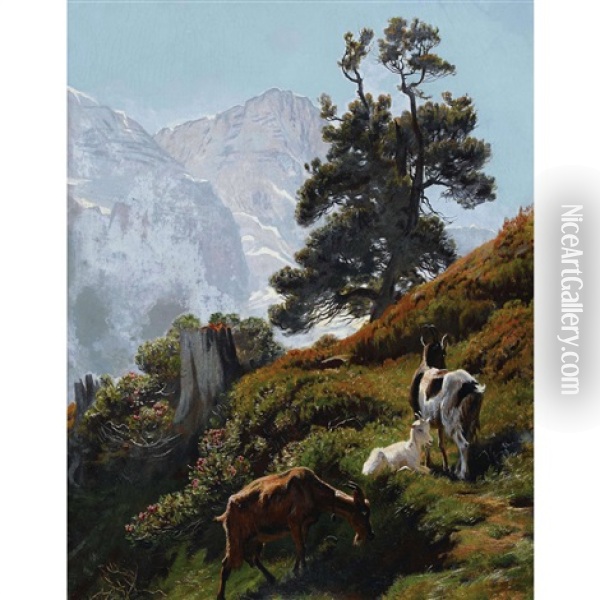 Sommerliche Alp Mit Ziegen Oil Painting - Albert Lugardon