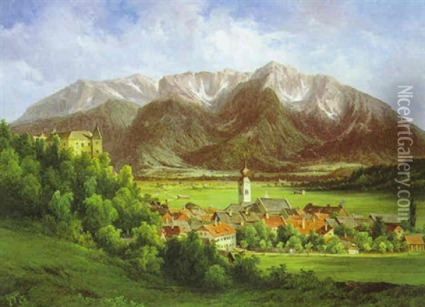 Landschaft Mit Dorfmotiv Sowie Blick Auf Eine Burg Oil Painting - Georg Geyer