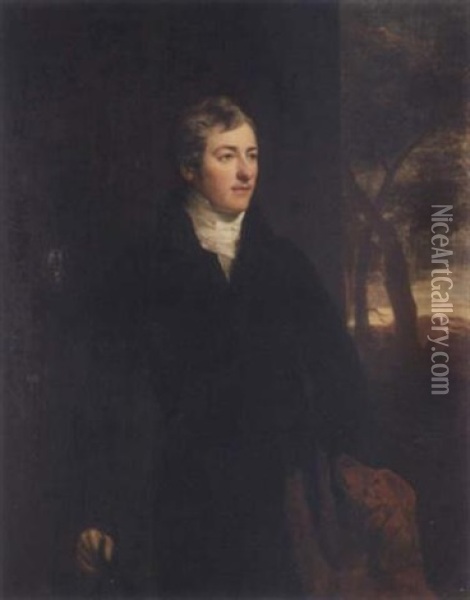 Portrait Of Henry Sadleir Prittie, 2nd Baron Dunalley Of Kilboy, Standing In A Landscape, Wearing A Black Suit And A White Stock, His Hound Beside Oil Painting - Hugh Douglas Hamilton