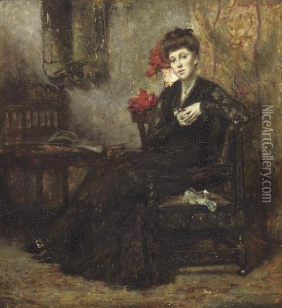 Meditation: A Diva Wearing A Black Lace Dress Oil Painting - Albert Roelofs