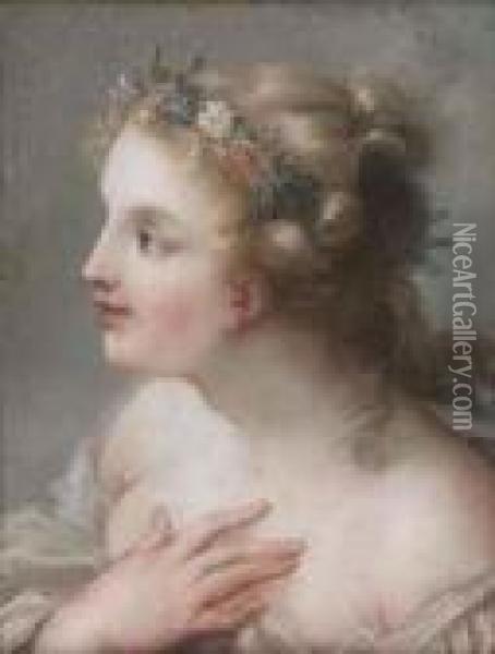 A Young Girl, Bust-length, With A Garland Of Flowers In Herhair Oil Painting - Charles Joseph Natoire
