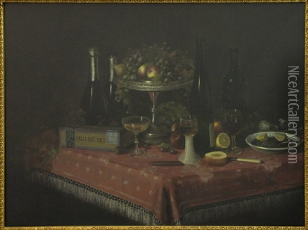 Still Life With Wine, Cigars And Fruit Oil Painting - Oscar Eschke