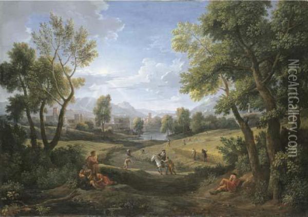 An Extensive River Landscape With Peasants During The Harvest, A Lakeside Town Beyond Oil Painting - Jan Frans Van Bloemen (Orizzonte)