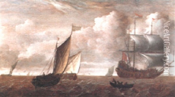 Dutch Pinks, A Man O'war And Other Vessels Off Dordrecht Oil Painting - Julius Porcellis