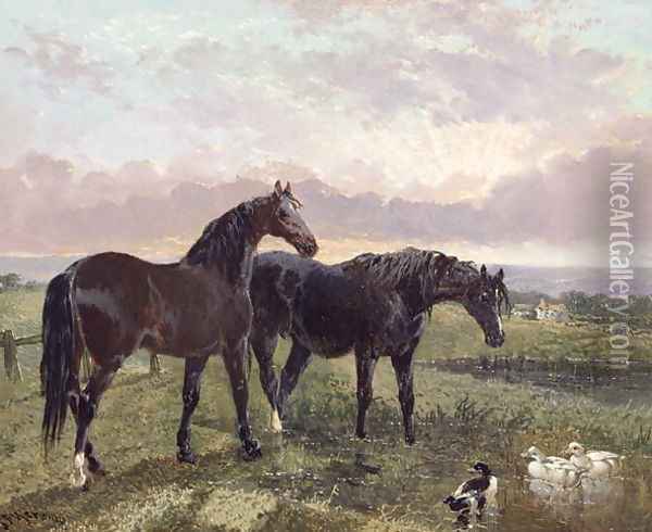 Two horses grazing at sunset Oil Painting - John Frederick Herring Snr