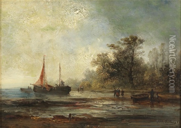 Boats On The Lake Shore Oil Painting - Josef Karl Berthold Puettner