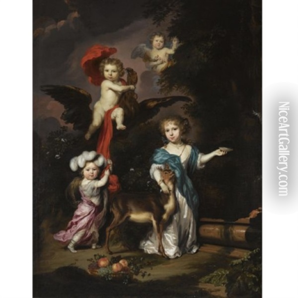 Pastoral Family Portrait Of Four Children, Personifying Mythological Figures, Including Ganymede, And Diana With A Deer, All In A Landscape Oil Painting - Nicolaes Maes