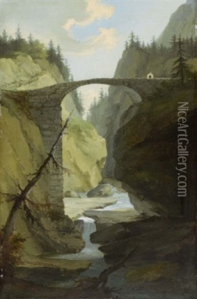 Brucke Uber Die Muota In Der Nahe Von Schwyz (bridge Over The Muota Near Schwyz) Oil Painting - Caspar Wolf