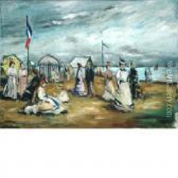 Figures On A Beach Oil Painting - Eugene Boudin