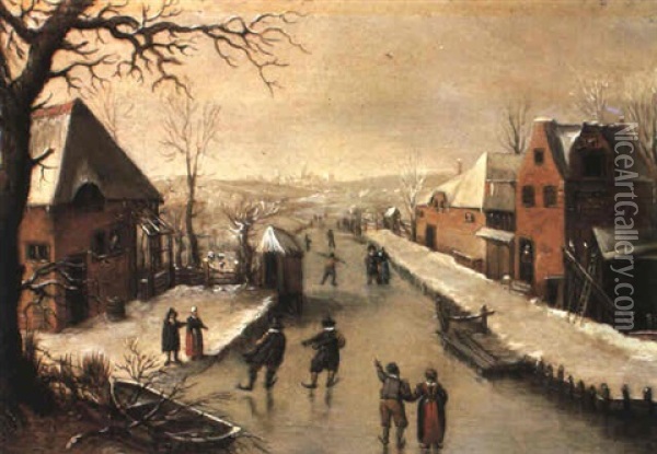 Winter Landscape With Villagers On A Frozen Canal Oil Painting - Abel Grimmer