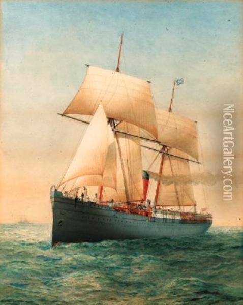 A British Passenger Liner At Sea Under Sail And Steam Oil Painting - Thomas Goldsworth Dutton