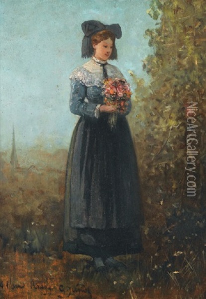 Bildnis Einer Jungen Frau Mit Blumenstrauss Oil Painting - Gustave Adolf Jundt